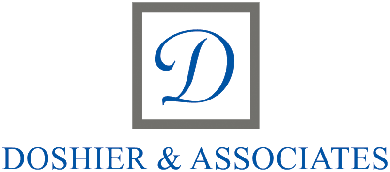 DoshierLogo_transparent 222 Logo for Doshier & Associates featuring a stylized blue "D" inside a gray square, with the firm’s name in blue capital letters below.